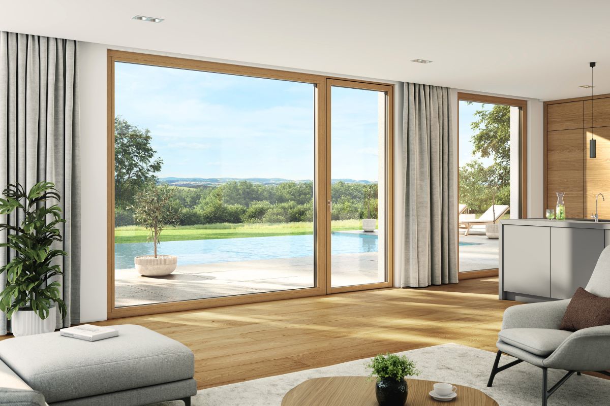 Fenêtres et baies vitrées donnant sur une terrasse avec piscine