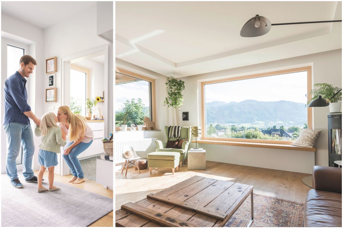 Maison lumineuse en été avec de grandes fenêtres protégées du soleil